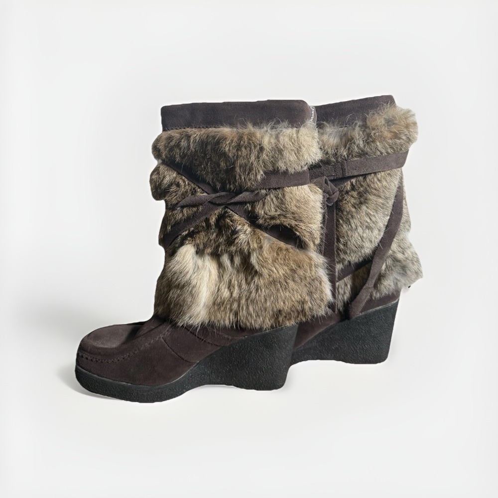 Muks Luks Brown Rabbit Fur Italy Knee High Wrap Boots‎ Sz US 7 EU 38 Bratz Y2K
